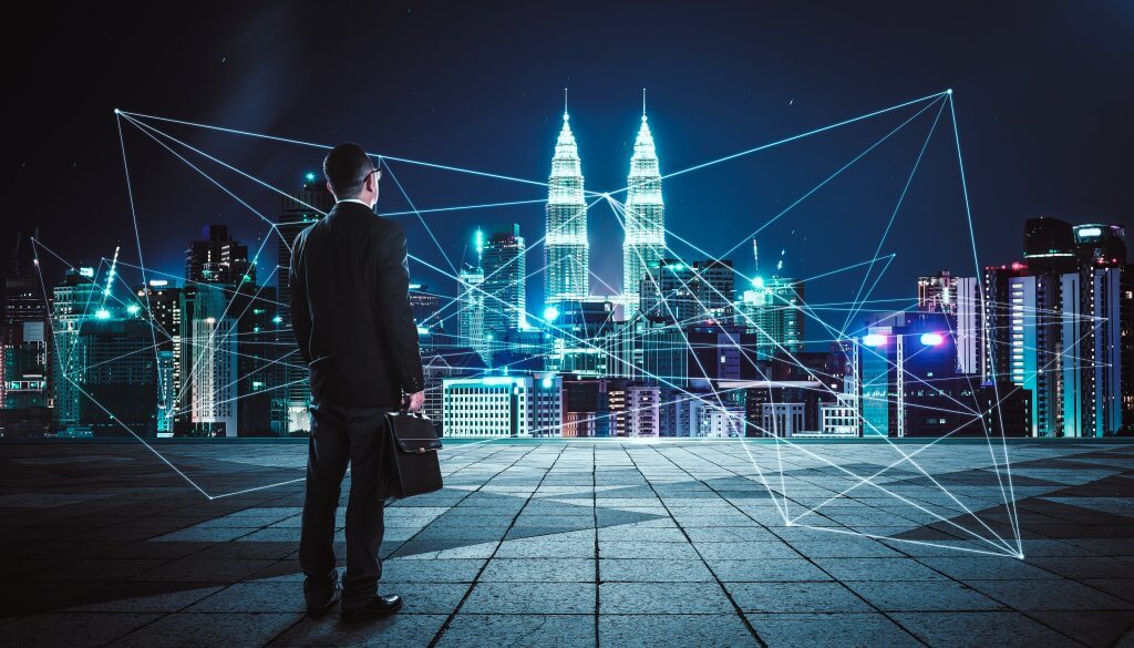 rear-view-of-a-businessman-looking-at-large-city-center-with-network-connection-graph-concept-of-success-and-sociality